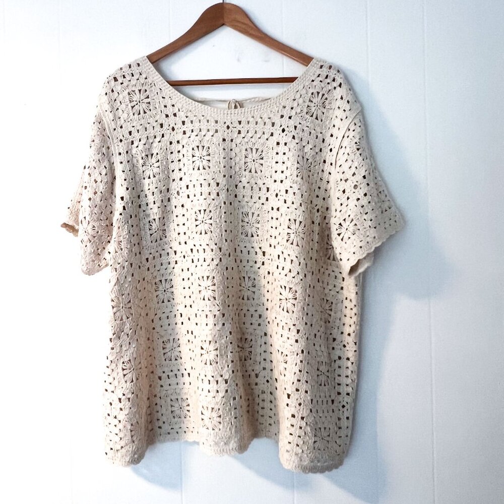 NEW Fat Face Patchwork Crochet Cream Short Sleeve Top Size 14 - Picture 8 of 14